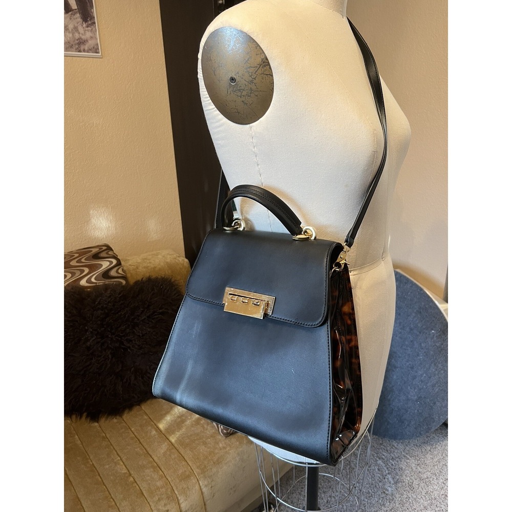 Zac‎ Posen Black /leopard Top Handle Crossbody Attachable Strap  Purse